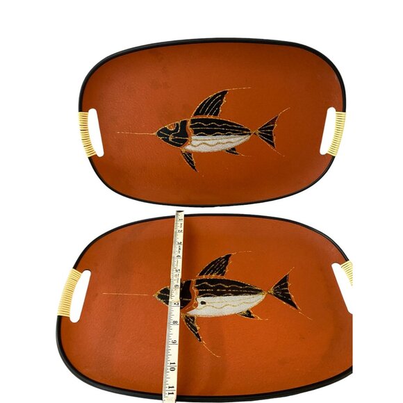Pair Of Vintage Swordfish Serving Trays With Wrapped Handles 18 x 11" - Picture 5 of 6